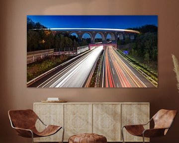 Bahrebach mill viaduct with Eisenbhan and motorway traffic on the A4 motorway in the blue hour by Frank Herrmann