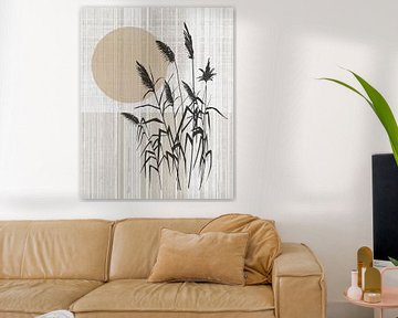 Japandi / Wabi Sabi minimalistisch schilderij: Zon achter bamboe van Studio Pieternel