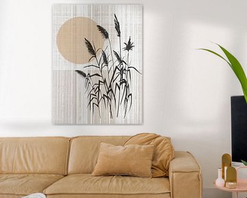 Japandi / Wabi Sabi minimalistisch schilderij: Zon achter bamboe van Studio Pieternel
