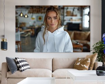 Vrouw met capuchon op kantoor van de-nue-pic