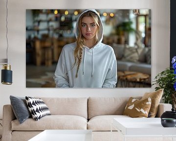 Vrouw met capuchon op kantoor van de-nue-pic