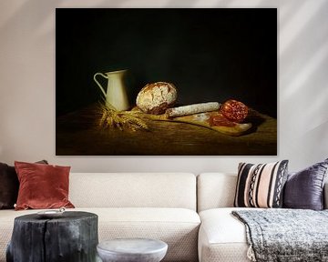Stilleven met brood ,salami,granaatappel . van Saskia Dingemans Awarded Photographer