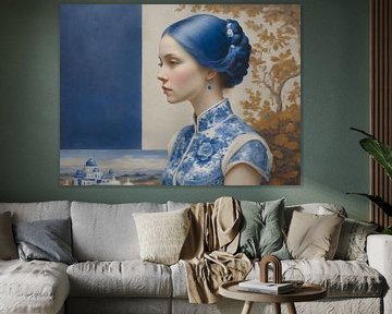 Een portret van een Delfts blauwe vrouw van Jolique Arte