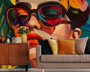 Retro Flair: Frida in Jaren '60/'70 Stijl met Zonnebril en Bloem van Roger VDB