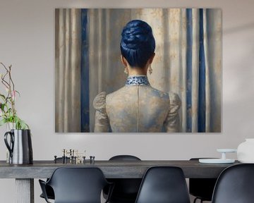 Een portret van een dame in een delfts blauw jurk van Jolique Arte