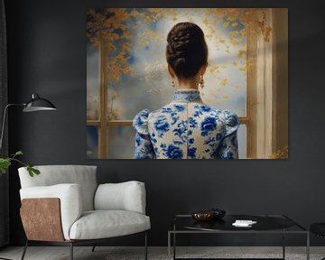 Een portret van een dame in een delfts blauw jurk van Jolique Arte