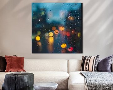 Regendruppels op glas - Mystieke stadslichten van Poster Art Shop