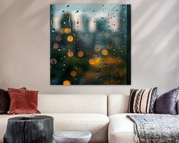 Regendruppels op glas - Mystieke stadslichten van Poster Art Shop