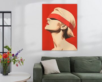 Vrouw in het rood met geblinddoekte ogen | Slaapkamer van Frank Daske | Foto & Design