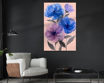 Kleurrijk abstract bloemen schilderij in blauw en paars