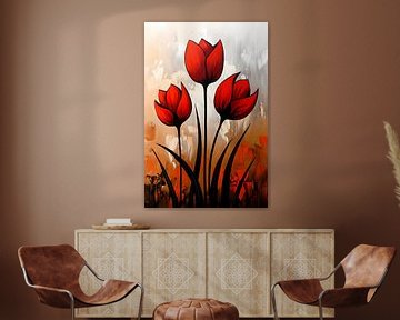 Abstract schilderij van rode tulpen van Art & Soul Creations