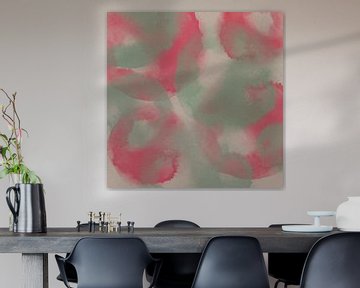 Abstracte aquarelvormen in mintgroen, neonroze en wit. van Dina Dankers