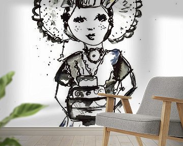 Tuschezeichnung Zeeland Mädchen mit Kuchen