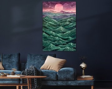 Surrealistisch landschap met bergen en zon van De Muurdecoratie