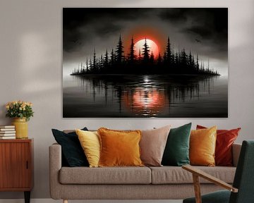 Minimalist painting of silhouette island and sunrise