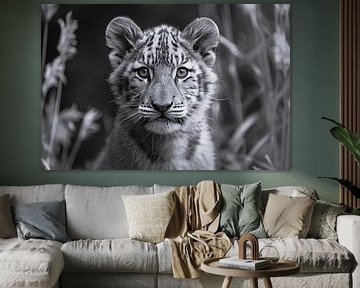 Zwart-wit foto van een jonge welp