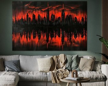 Rood-zwarte stadssilhouet bij zonsondergang van Art & Soul Creations