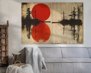 Abstracte rode zon boven water met bomen van Art & Soul Creations