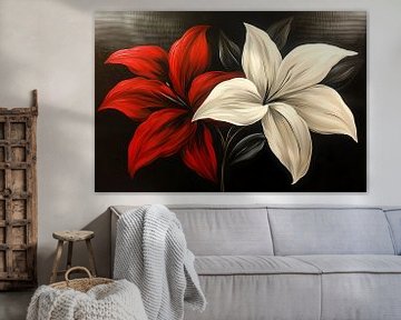 Abstracte bloemen in rood en wit van De Muurdecoratie