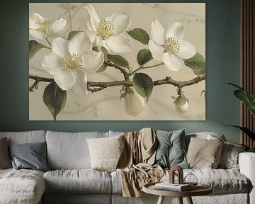 White flowers on branch against beige background