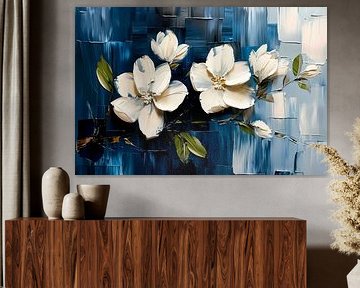 Abstract white flowers on blue background