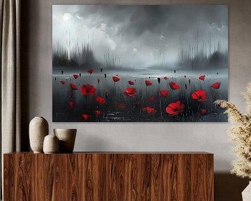 **Red flowers in a misty landscape**