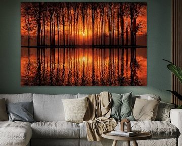 Mystieke zonsondergang in bos bij meer van Art & Soul Creations