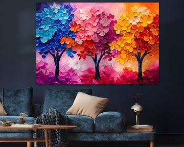 Kleurrijke abstracte bomen en bloemen schilderij van De Muurdecoratie