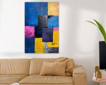 Abstract schilderij met kleurrijke blokken en texturen van De Muurdecoratie
