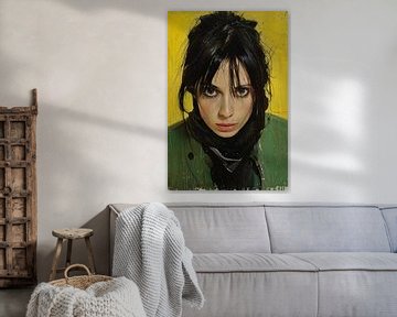 Realistisch portret van een vrouw met gele achtergrond van Art & Soul Creations