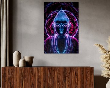 Bouddha en néon avec couleurs psychédéliques et halo sur Art & Soul Creations
