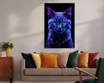 Adembenemend neon kat portret in kleuren van De Muurdecoratie