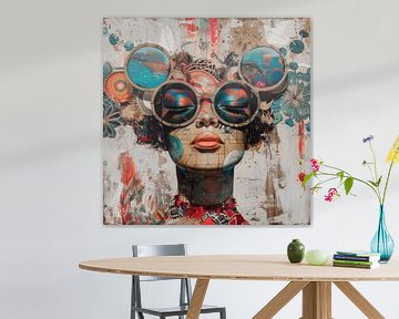 Image rétro surréaliste d'une personne de sexe féminin sur fond gris clair sur Digitale Schilderijen