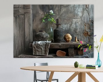 Landelijk stilleven van een houten tafel vasen en betonnen achtergronden van Digitale Schilderijen