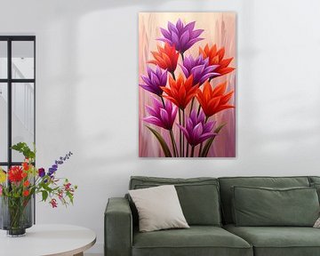 Vrolijk schilderij van kleurrijke bloemen van De Muurdecoratie
