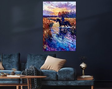 Ruiter op paard bij zonsondergang schilderij