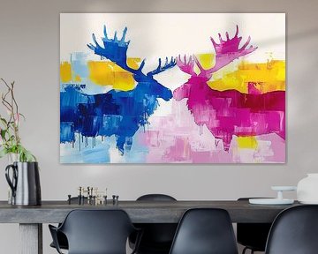 Abstract painting of moose in bright colours