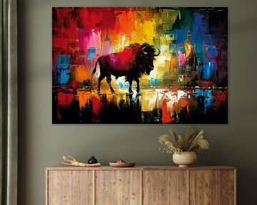 Abstracte schilderij van bison in kleurrijke stad van De Muurdecoratie
