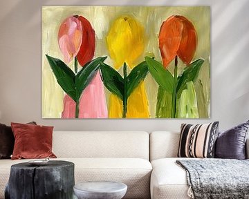 Impressionistisch schilderij van kleurrijke tulpen van De Muurdecoratie