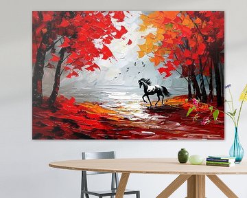 Galopperend paard in kleurrijk herfstbos van Art & Soul Creations