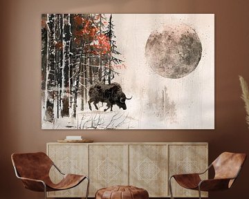 Bison in besneeuwd bos bij maanlicht van Art & Soul Creations