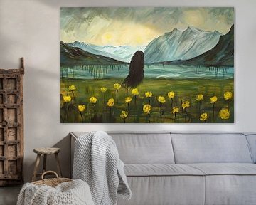 Abstract schilderij van berglandschap met bloemen van De Muurdecoratie