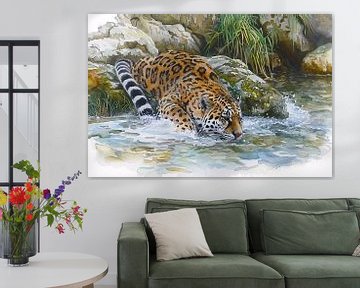 Realistische aquarel van een jaguar in water van Art & Soul Creations