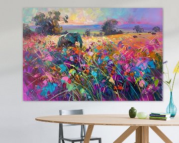 Kleurrijke olifant in abstract landschap schilderij