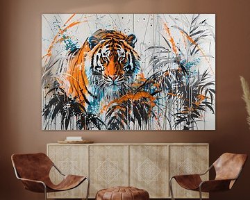 Dynamisch schilderij van tijger in kleur van De Muurdecoratie