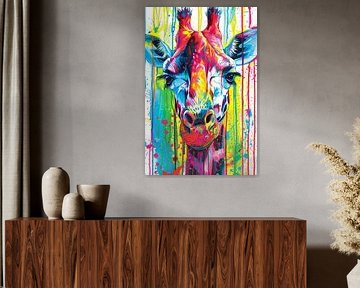 Colourful giraffe with abstract paint splatters by Art & Soul Creations