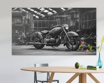 Een zwart-witfoto van een oude motor in de hangar, kunstontwerp van Animaflora PicsStock