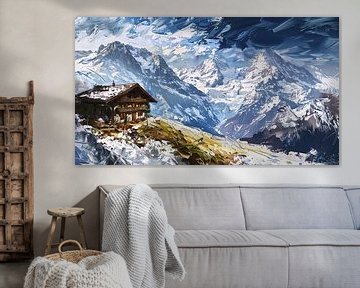 Hut met uitzicht op majestueuze, besneeuwde bergen van Frank Heinz