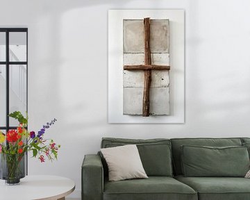 Houten kruis over een betonnen blok van Digitale Schilderijen