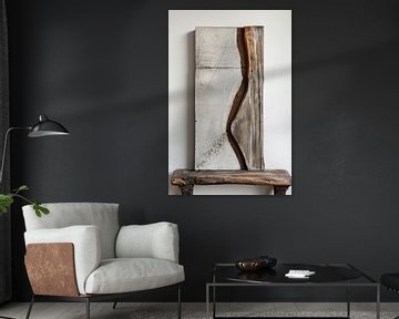 Beton en hout kunst op een houten kleine tafel van Digitale Schilderijen